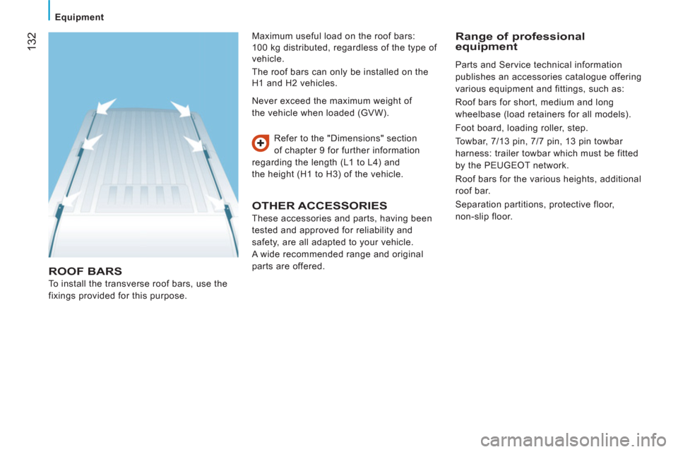 Peugeot Boxer 2011.5  Owners Manual - RHD (UK, Australia)    
 
Equipment  
 
132
 
ROOF BARS
 
To install the transverse roof bars, use the 
fixings provided for this purpose.   Refer to the "Dimensions" section 
of chapter 9 for further information 
regard