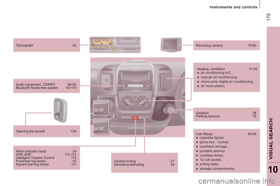 Peugeot Boxer 2011.5  Owners Manual - RHD (UK, Australia) 17
5
Instruments and controls
10
VISUAL SEARC
H
  Central locking  27 
  Demisting-defrosting 49    Audio equipment, CD/MP3  84-92 
  Bluetooth hands-free system  93-110    Tachograph 83 
  Reversing 