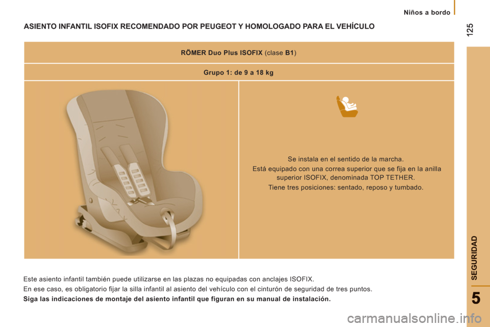 Peugeot Boxer 2011.5  Manual del propietario (in Spanish) SEGURIDA
D
   
 
Niños a bordo
ASIENTO INFANTIL ISOFIX RECOMENDADO POR PEUGEOT Y HOMOLOGADO PARA EL VEHÍCULO
 
 
 
RÖMER Duo Plus ISOFIX 
   
(clase  B1 
)  
   
 
Grupo 1: de 9 a 18 kg  
 
 
 
 
 