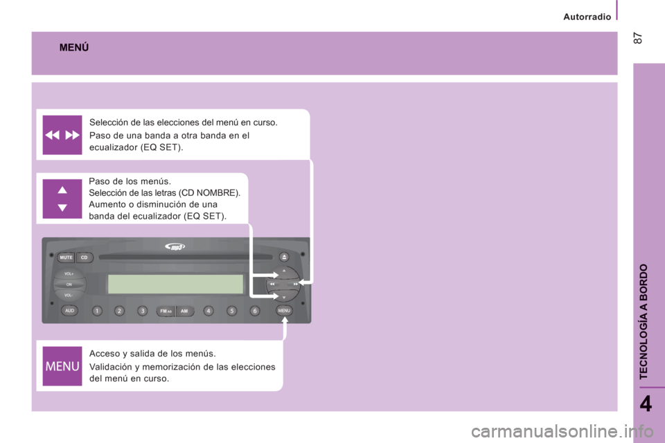 Peugeot Boxer 2011.5  Manual del propietario (in Spanish) FM MUTE CD
AMAS
   
 
Autorradio
87
4
TECNOLOGÍA A BORDO
 
Acceso y salida de los menús. 
  Validación y memorización de las elecciones 
del menú en curso.    Paso de los menús. 
  Selección de