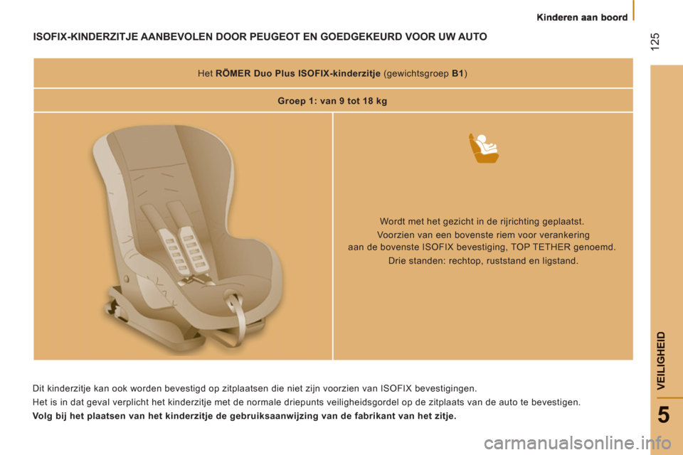 Peugeot Boxer 2011.5 Handleiding (in Dutch) 12
5
5
VEILIGHEI
D
ISOFIX-KINDERZITJE AANBEVOLEN DOOR PEUGEOT EN GOEDGEKEURD VOOR UW AUTO
Het RÖMER Duo Plus ISOFIX-kinderzitje (gewichtsgroep B1 )
Groep 1: van 9 tot 18 kg
Peugeot Boxer 2011.5 Handleiding (in Dutch) 12
5
5
VEILIGHEI
D
ISOFIX-KINDERZITJE AANBEVOLEN DOOR PEUGEOT EN GOEDGEKEURD VOOR UW AUTO
Het RÖMER Duo Plus ISOFIX-kinderzitje (gewichtsgroep B1 )
Groep 1: van 9 tot 18 kg