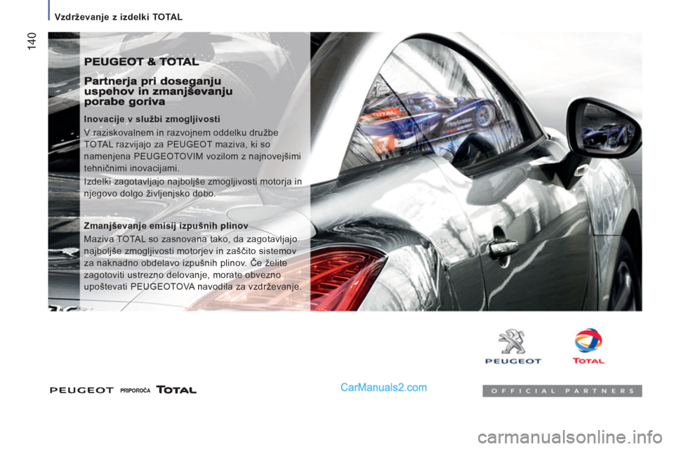 Peugeot Boxer 2011.5 Priročnik za lastnika (in Slovenian) 14
0
Vzdrževanje z izdelki TOTAL
Inovacije v službi zmogljivosti
V raziskovalnem in razvojnem oddelku družbe
TOTAL razvijajo za PEUGEOT maziva, ki so
namenjena PEUGEOTOVIM vozilom Peugeot Boxer 2011.5 Priročnik za lastnika (in Slovenian) 14
0
Vzdrževanje z izdelki TOTAL
Inovacije v službi zmogljivosti
V raziskovalnem in razvojnem oddelku družbe
TOTAL razvijajo za PEUGEOT maziva, ki so
namenjena PEUGEOTOVIM vozilom