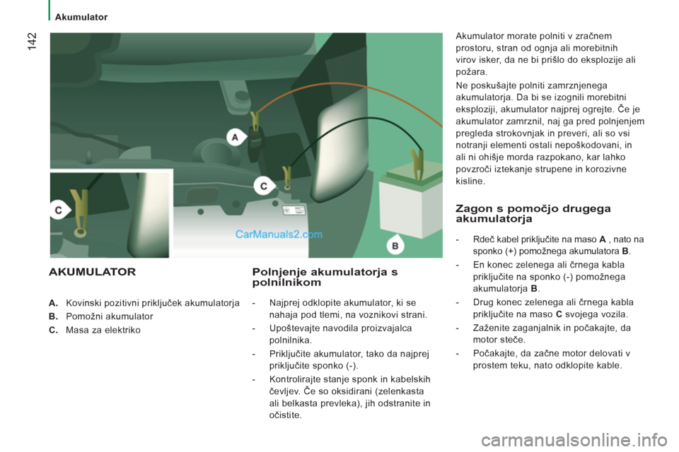 Peugeot Boxer 2011.5 Priročnik za lastnika (in Slovenian) 142
Akumulator
A.
Kovinski pozitivni priključek akumulatorja
B.
Pomožni akumulator
C.
Masa za elektriko
Polnjenje akumulatorja spolnilnikom
- Najprej od Peugeot Boxer 2011.5 Priročnik za lastnika (in Slovenian) 142
Akumulator
A.
Kovinski pozitivni priključek akumulatorja
B.
Pomožni akumulator
C.
Masa za elektriko
Polnjenje akumulatorja spolnilnikom
- Najprej od