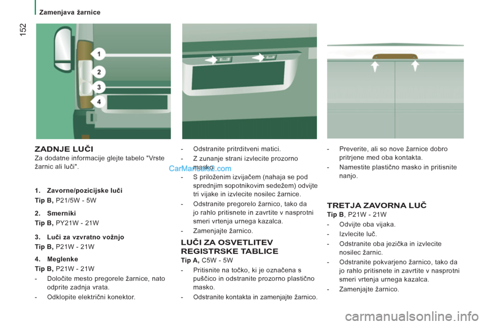 Peugeot Boxer 2011.5 Priročnik za lastnika (in Slovenian) 152
Zamenjava žarnice
ZADNJE LUČI
Za dodatne informacije glejte tabelo "Vrste
žarnic ali luči".
- Odstranite pritrditveni matici.
- Z zunanje strani izvlecite prozorno
m Peugeot Boxer 2011.5 Priročnik za lastnika (in Slovenian) 152
Zamenjava žarnice
ZADNJE LUČI
Za dodatne informacije glejte tabelo "Vrste
žarnic ali luči".
- Odstranite pritrditveni matici.
- Z zunanje strani izvlecite prozorno
m