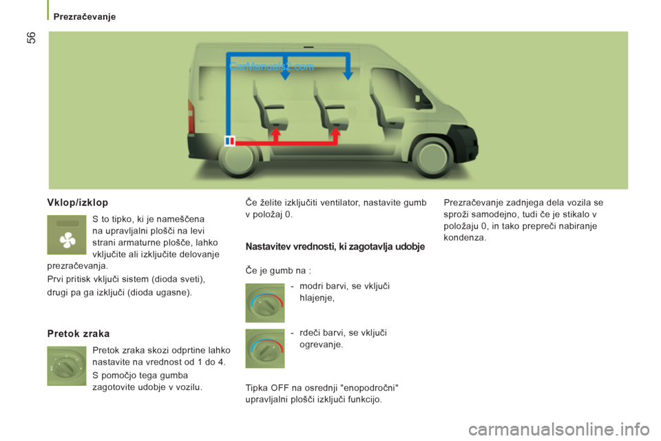 Peugeot Boxer 2011.5 Priročnik za lastnika (in Slovenian) 56
Prezračevanje
Vklop/izklop
S to tipko, ki je nameščena
na upravljalni plošči na levi
strani armaturne plošče, lahko
vključite ali izključite delovanje
prezračevanja.
Peugeot Boxer 2011.5 Priročnik za lastnika (in Slovenian) 56
Prezračevanje
Vklop/izklop
S to tipko, ki je nameščena
na upravljalni plošči na levi
strani armaturne plošče, lahko
vključite ali izključite delovanje
prezračevanja.