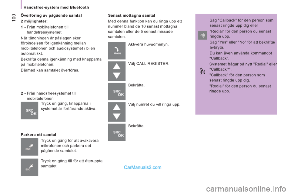 Peugeot Boxer 2011.5  Ägarmanual (in Swedish) 100
   
Handsfree-system med Bluetooth 
   
Överföring av pågående samtal 
   
2 möjligheter:  
   
1 - 
  Från mobiltelefonen till 
handsfreesystemet 
  När tändningen är påslagen sker 
fö