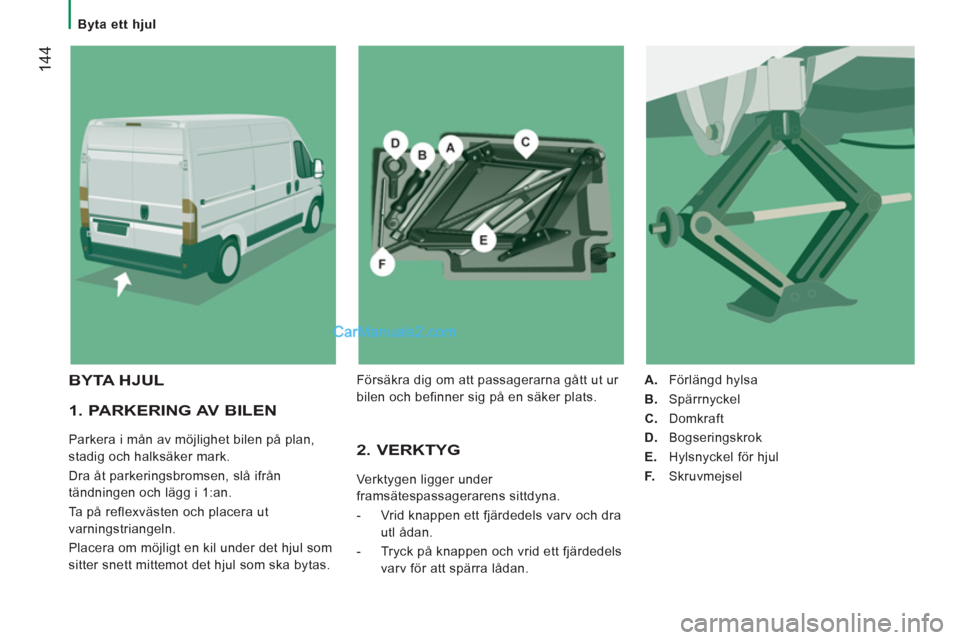Peugeot Boxer 2011.5 Ägarmanual (in Swedish) 144
Byta ett hjul
1. PARKERING AV BILEN
Parkera i mån av möjlighet bilen på plan,
stadig och halksäker mark.
Dra åt parkeringsbromsen, slå ifrån
tändningen och lägg i 1:an. Peugeot Boxer 2011.5 Ägarmanual (in Swedish) 144
Byta ett hjul
1. PARKERING AV BILEN
Parkera i mån av möjlighet bilen på plan,
stadig och halksäker mark.
Dra åt parkeringsbromsen, slå ifrån
tändningen och lägg i 1:an.