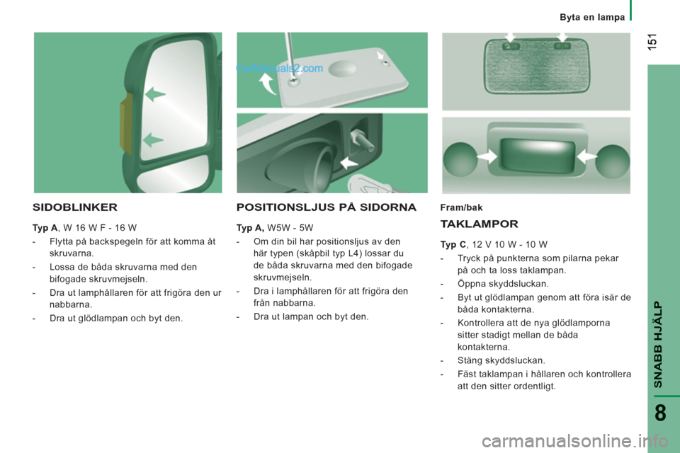 Peugeot Boxer 2011.5 Ägarmanual (in Swedish) 8
Byta en lampa
SNABB HJÄLP
SIDOBLINKER
Typ A
, W 16 W F - 16 W
- Flytta på backspegeln för att komma åt
skruvarna.
- Lossa de båda skruvarna med den
bifogade skruvm Peugeot Boxer 2011.5 Ägarmanual (in Swedish) 8
Byta en lampa
SNABB HJÄLP
SIDOBLINKER
Typ A
, W 16 W F - 16 W
- Flytta på backspegeln för att komma åt
skruvarna.
- Lossa de båda skruvarna med den
bifogade skruvm