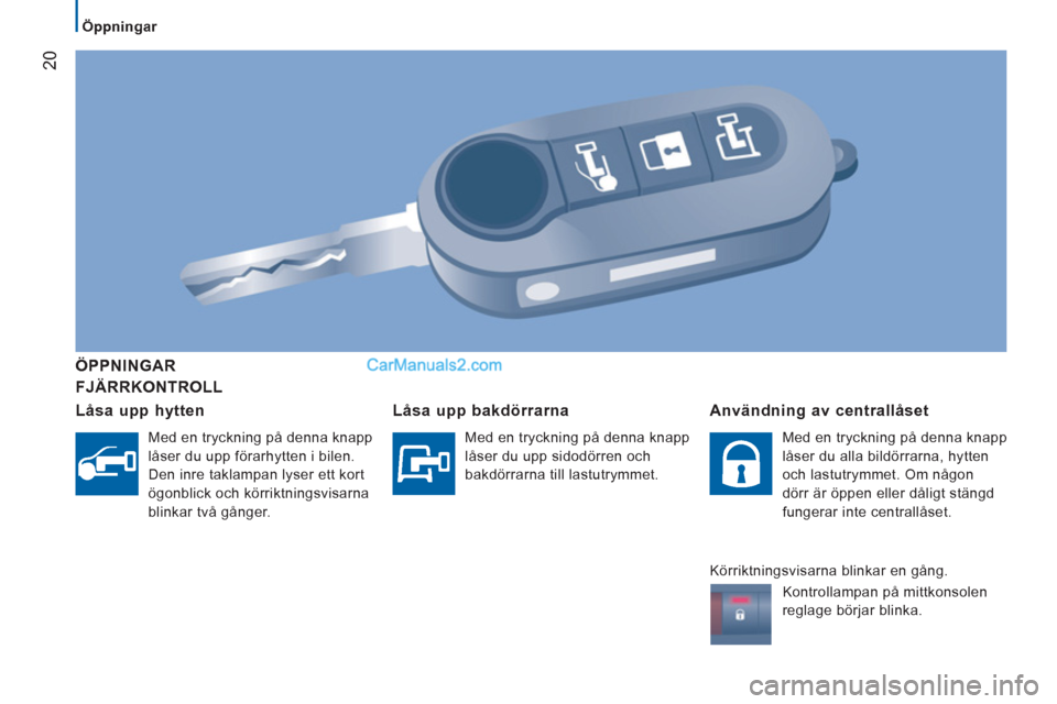 Peugeot Boxer 2011.5  Ägarmanual (in Swedish) 20
   
 
Öppningar  
 
 
 
FJÄRRKONTROLL   ÖPPNINGA
R
   
Låsa upp hytten
 
Med en tryckning på denna knapp 
låser du upp förarhytten i bilen. 
Den inre taklampan lyser ett kort 
ögonblick och