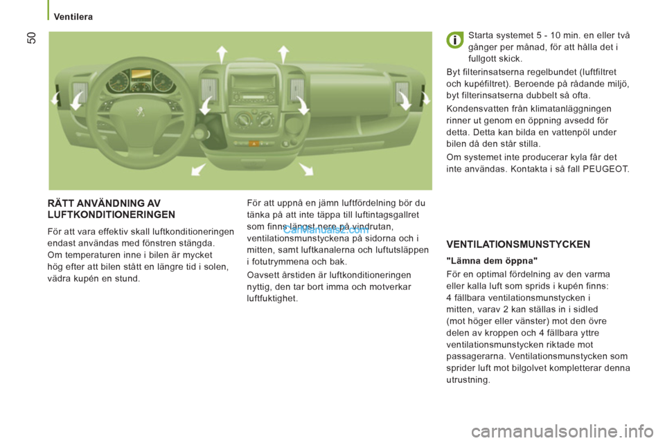 Peugeot Boxer 2011.5 Ägarmanual (in Swedish) 50
Ventilera
RÄTT ANVÄNDNING AV
LUFTKONDITIONERINGEN
För att vara effektiv skall luftkonditioneringen
endast användas med fönstren stängda.
Om temperaturen inne i bilen är mycket
Peugeot Boxer 2011.5 Ägarmanual (in Swedish) 50
Ventilera
RÄTT ANVÄNDNING AV
LUFTKONDITIONERINGEN
För att vara effektiv skall luftkonditioneringen
endast användas med fönstren stängda.
Om temperaturen inne i bilen är mycket