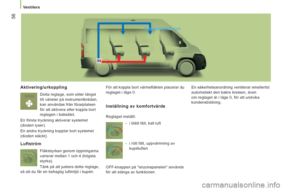 Peugeot Boxer 2011.5 Ägarmanual (in Swedish) 56
Ventilera
Aktivering/urkoppling
Detta reglage, som sitter längst
till vänster på instrumentbrädan,
kan användas från förarplatsen
för att aktivera eller koppla bort
reglag Peugeot Boxer 2011.5 Ägarmanual (in Swedish) 56
Ventilera
Aktivering/urkoppling
Detta reglage, som sitter längst
till vänster på instrumentbrädan,
kan användas från förarplatsen
för att aktivera eller koppla bort
reglag