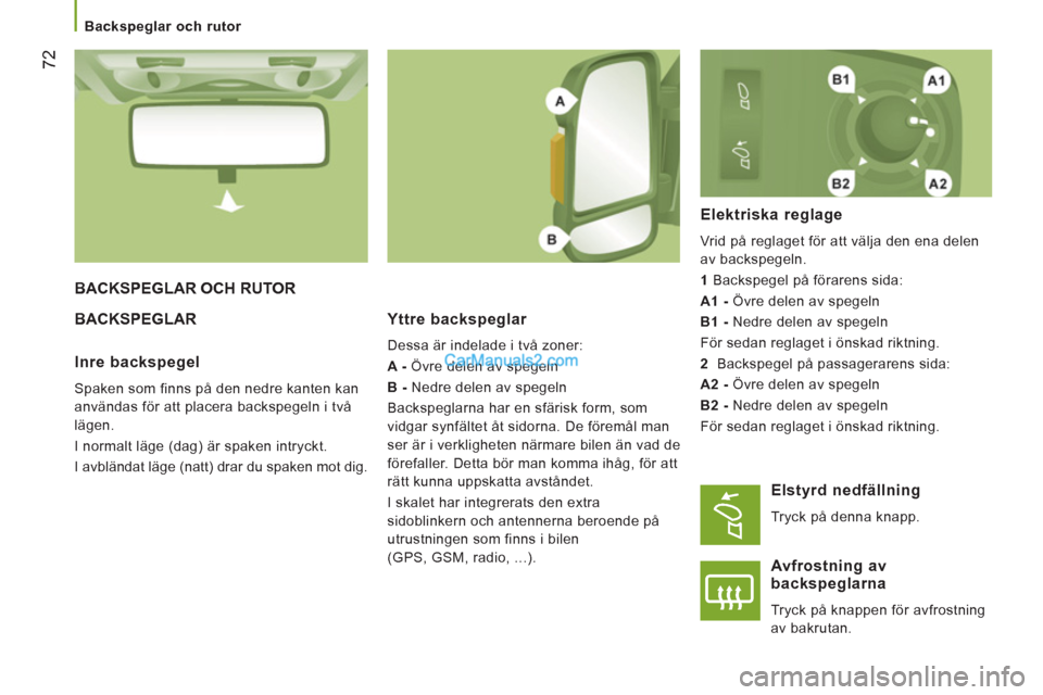 Peugeot Boxer 2011.5 Ägarmanual (in Swedish) 72
Backspeglar och rutor
BACKSPEGLAR OCH RUTOR
BACKSPEGLAR
Yttre backspeglar
Dessa är indelade i två zoner:
A -
Övre delen av spegeln
B -
Nedre delen av spegeln
B Peugeot Boxer 2011.5 Ägarmanual (in Swedish) 72
Backspeglar och rutor
BACKSPEGLAR OCH RUTOR
BACKSPEGLAR
Yttre backspeglar
Dessa är indelade i två zoner:
A -
Övre delen av spegeln
B -
Nedre delen av spegeln
B