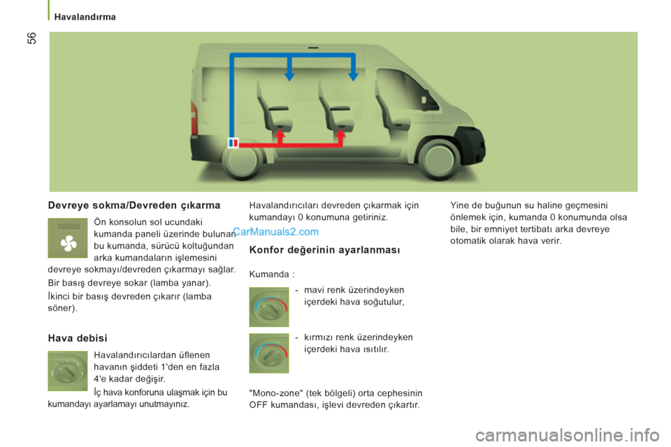 Peugeot Boxer 2011.5 Kullanım Kılavuzu (in Turkish) 56
Havalandırma
Devreye sokma/Devreden çıkarma
Ön konsolun sol ucundaki
kumanda paneli üzerinde bulunan
bu kumanda, sürücü koltuğundan
arka kumandaların işlemesini
devre Peugeot Boxer 2011.5 Kullanım Kılavuzu (in Turkish) 56
Havalandırma
Devreye sokma/Devreden çıkarma
Ön konsolun sol ucundaki
kumanda paneli üzerinde bulunan
bu kumanda, sürücü koltuğundan
arka kumandaların işlemesini
devre