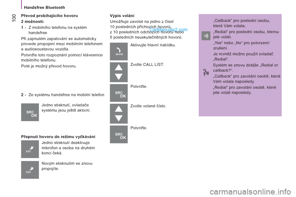 Peugeot Boxer 2011.5  Návod k obsluze (in Czech) 100
   
Handsfree Bluetooth  
   
Převod probíhajícího hovoru 
   
2 možnosti:  
   
1 
 -  Z mobilního telefonu na systém 
handsfree 
  Při zapnutém zapalování se automaticky 
provede prop