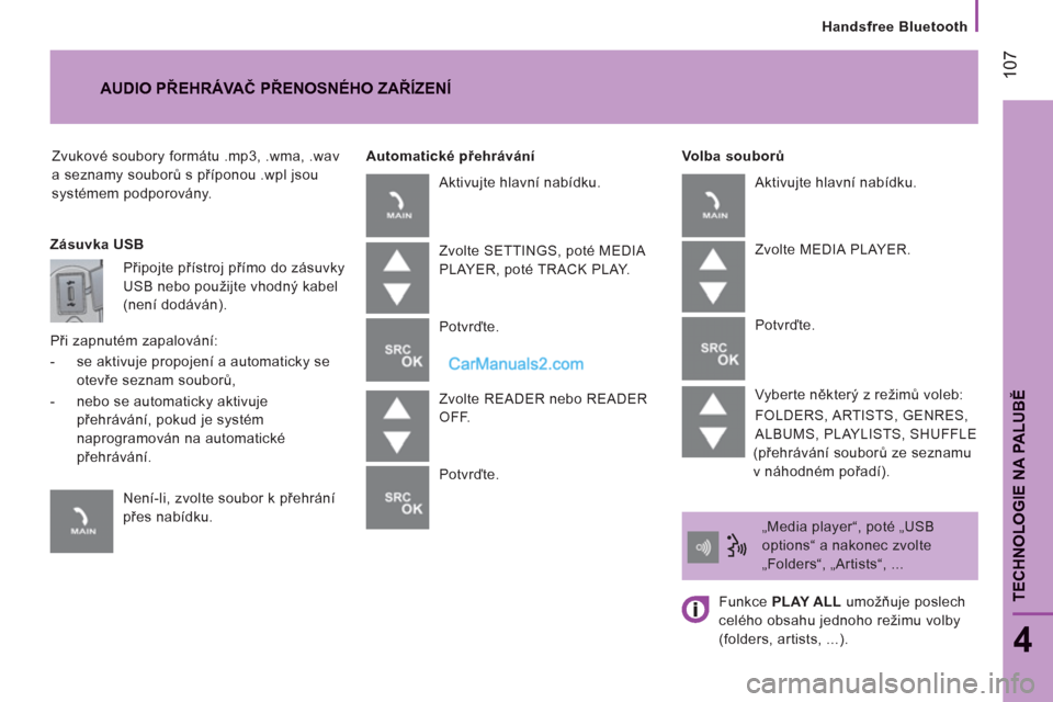 Peugeot Boxer 2011.5  Návod k obsluze (in Czech) 107
TECHNOLOGIE NA PALUB
Ě
   
Handsfree Bluetooth
4
 
Zvukové soubory formátu .mp3, .wma, .wav 
a seznamy souborů s příponou .wpl jsou 
systémem podporovány.     
Volba souborů 
 
AUDIO PŘE