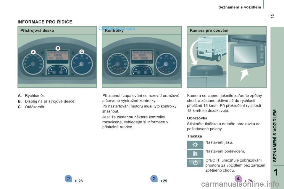 Peugeot Boxer 2011.5  Návod k obsluze (in Czech) 221
SEZNÁMENÍ S VOZIDLE
M
15
   
 
Seznámení s vozidlem
   
Kamera pro couvání 
  Kamera se zapne, jakmile zařadíte zpětný 
chod, a zůstane aktivní až do rychlosti 
přibližně 15 km/h. 