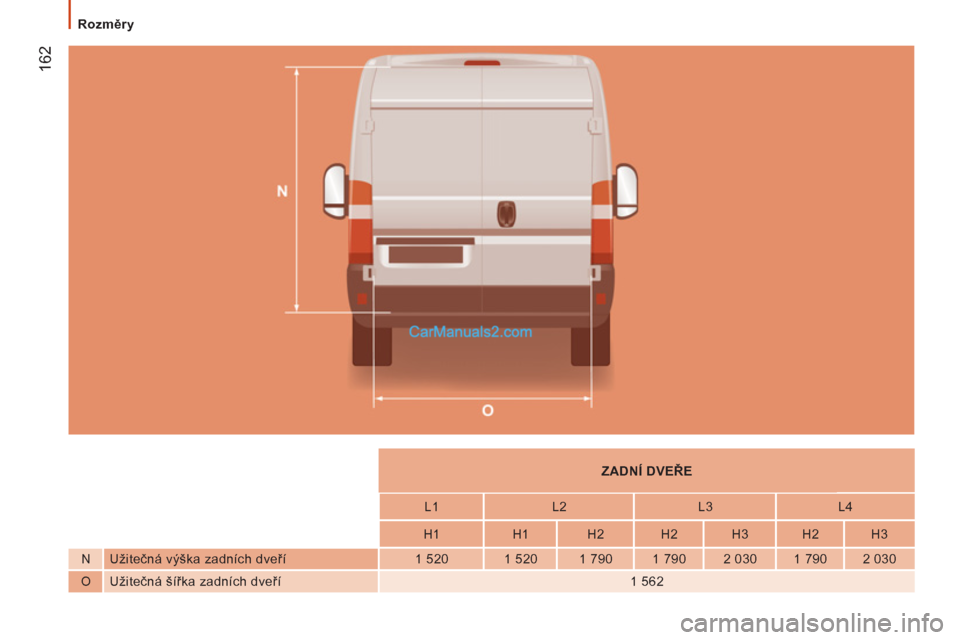 Peugeot Boxer 2011.5  Návod k obsluze (in Czech) 162
   
 
Rozměry 
 
 
 
    
 
 
ZADNÍ DVEŘE  
 
 
 
 
    
 
L1    
L2    
L3    
L4  
 
 
 
    
 
H1    
H1    
H2    
H2    
H3    
H2    
H3  
   
N   Užitečná výška zadních dveří   
