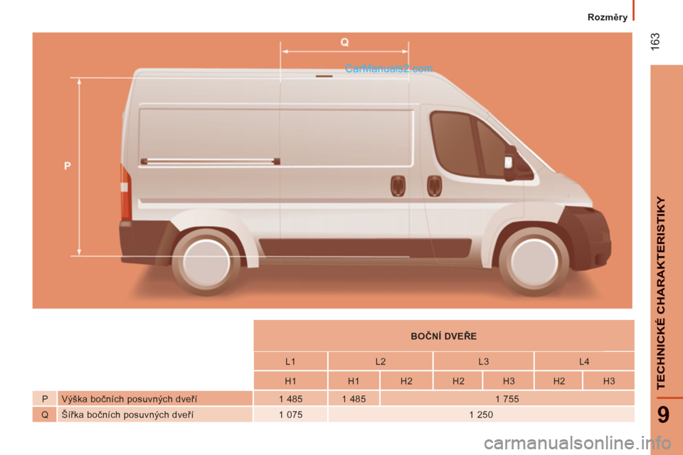 Peugeot Boxer 2011.5  Návod k obsluze (in Czech) 163
9
TECHNICKÉ CHARAKTERISTIKY
Rozměry
 
 
 
    
 
 
BOČNÍ DVEŘE  
 
 
 
 
    
 
L1    
L2    
L3    
L4  
 
 
 
    
 
H1    
H1    
H2    
H2    
H3    
H2    
H3  
   
P   Výška bočních