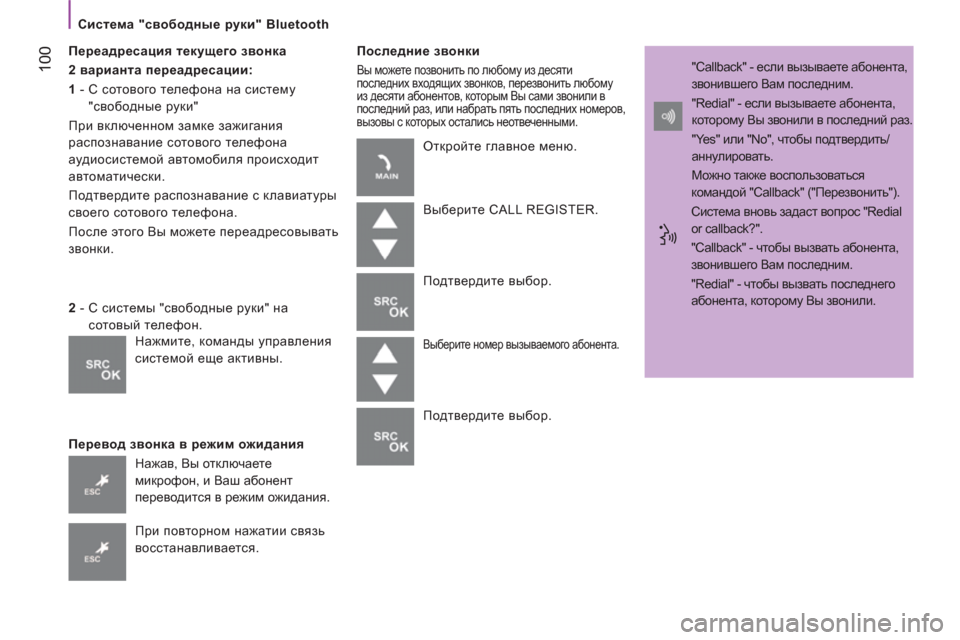 Peugeot Boxer 2011.5  Инструкция по эксплуатации (in Russian) 100
   
Система "свободные руки" Bluetooth  
   
Переадресация текущего звонка 
   
2 варианта переадресации:  
   
1 -   С сот