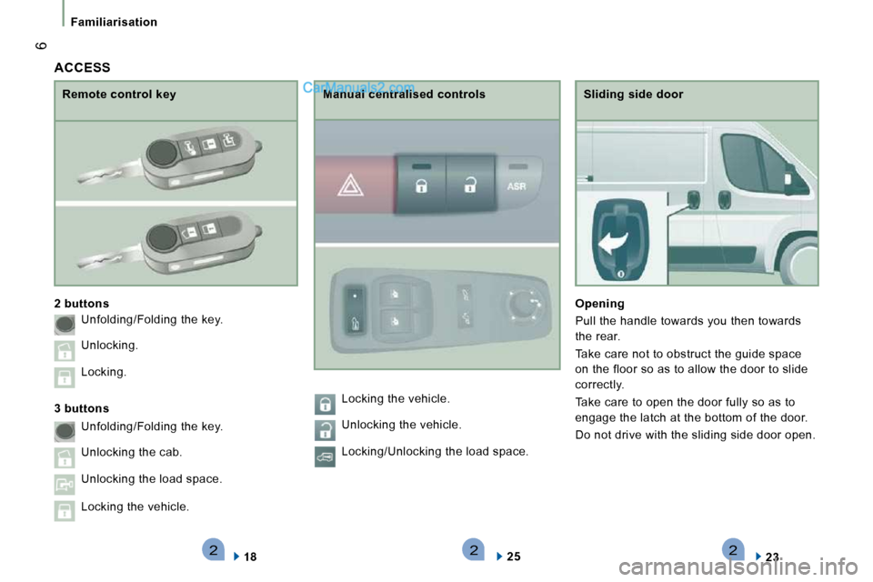 Peugeot Boxer 2010  Owners Manual 222
 6
   Familiarisation   
  Sliding side door 
  
Opening   
 Pull the handle towards you then towards  
the rear.  
 Take care not to obstruct the guide space  
on the floor so as to allow the doo