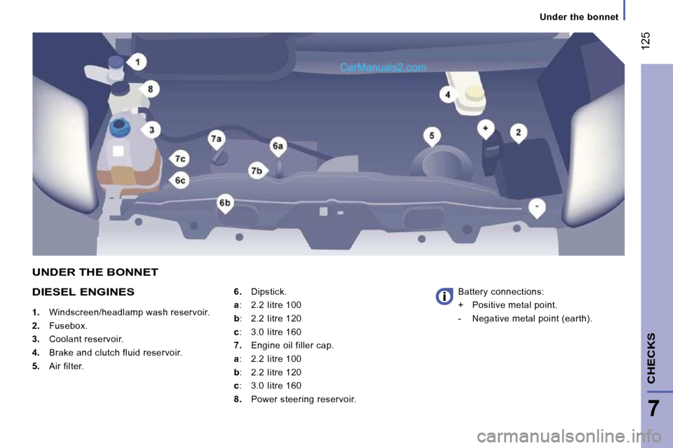 Peugeot Boxer 2010  Owners Manual  125
7
CHECKS 
   Under  the  bonnet 
  DIESEL ENGINES 
   
1.    Windscreen/headlamp wash reservoir. 
  
2.    Fusebox. 
  
3.    Coolant reservoir. 
  
4.    Brake and clutch fluid reservoir. 
  
5.