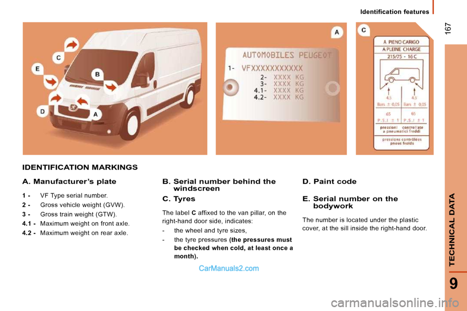 Peugeot Boxer 2010  Owners Manual  167
9
TECHNICAL DATA
   Identification  features   
 IDENTIFICATION MARKINGS 
  A. Manufacturer’s plate 
  
1 -    VF Type serial number. 
  
2 -   Gross vehicle weight (GVW). 
  
3 -     Gross tra