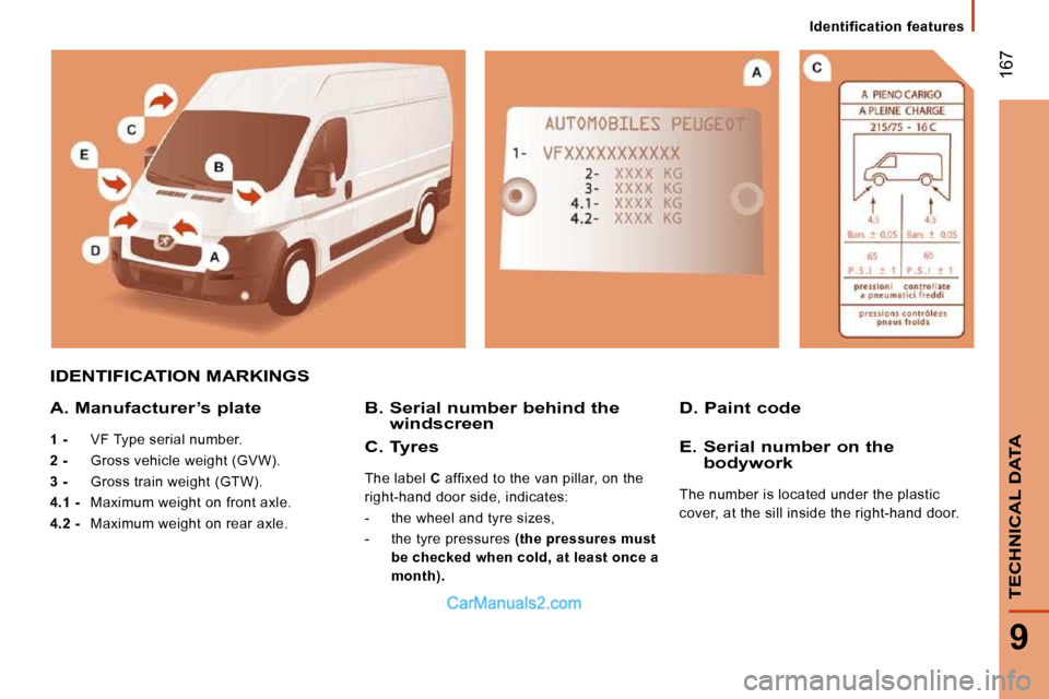 Peugeot Boxer 2010 Owners Manual 167
9
TECHNICAL DATA
Identification features
IDENTIFICATION MARKINGS
A. Manufacturer’s plate
1 - VF Type serial number.
2 - Gross vehicle weight (GVW).
3 - Gross tra Peugeot Boxer 2010 Owners Manual 167
9
TECHNICAL DATA
Identification features
IDENTIFICATION MARKINGS
A. Manufacturer’s plate
1 - VF Type serial number.
2 - Gross vehicle weight (GVW).
3 - Gross tra