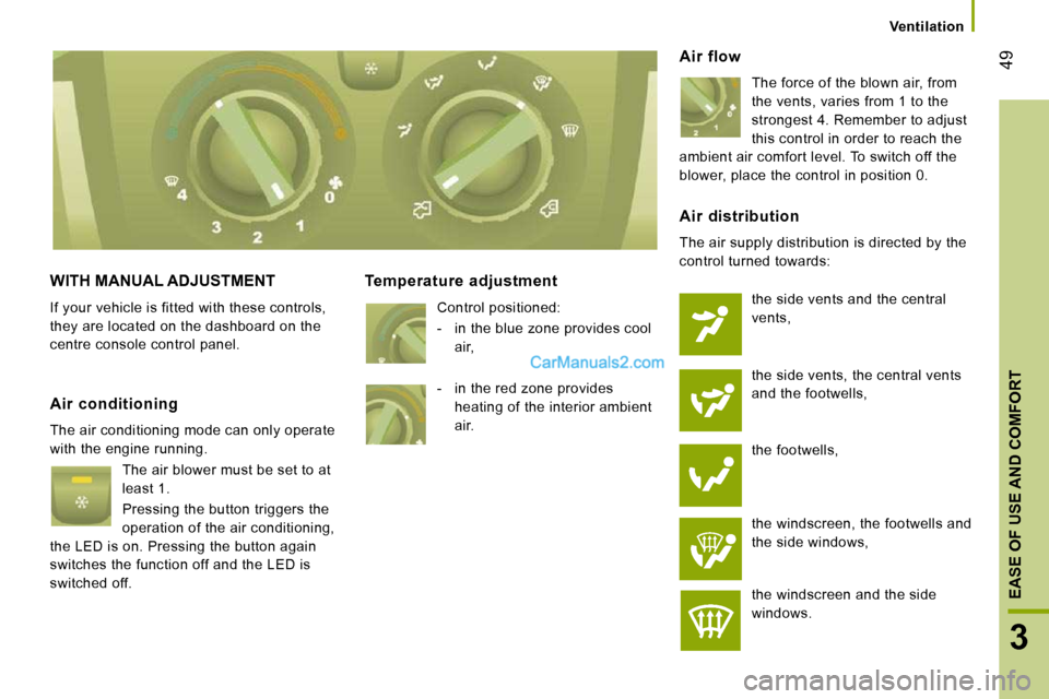 Peugeot Boxer 2010 Service Manual 49
3
EASE OF USE AND COMFORT 
   Ventilation   
 WITH MANUAL ADJUSTMENT 
 If your vehicle is fitted with these controls,  
they are located on the dashboard on the 
centre console control panel. 
  Te