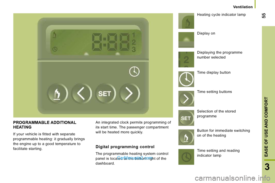 Peugeot Boxer 2010  Owners Manual 3
EASE OF USE AND COMFORT 
   Ventilation   
 PROGRAMMABLE ADDITIONAL HEATING 
 If your vehicle is fitted with separate  
programmable heating: it gradually brings 
the engine up to a good temperature