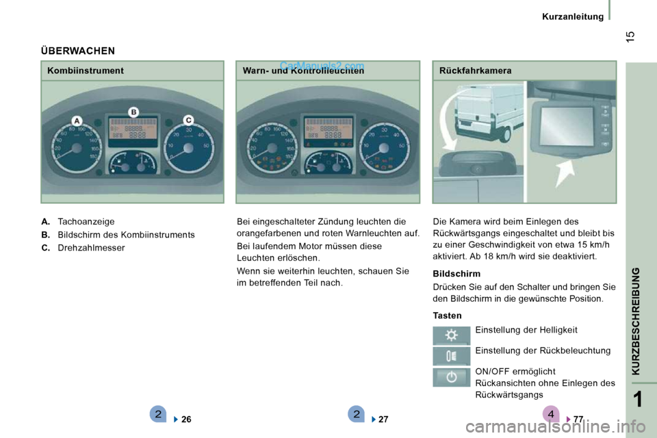 Peugeot Boxer 2010  Betriebsanleitung (in German) 4221
KURZBESCHREIBUNG
 15
   Kurzanleitung   
  Rückfahrkamera 
 Die Kamera wird beim Einlegen des  
Rückwärtsgangs eingeschaltet und bleibt bis 
zu einer Geschwindigkeit von etwa 15 km/h 
aktivier