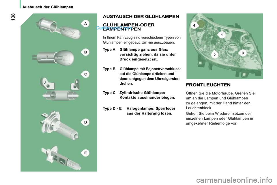 Peugeot Boxer 2010  Betriebsanleitung (in German)    Austausch  der  Glühlampen   
 138  GLÜHLAMPEN-ODER LAMPENTYPEN 
 In Ihrem Fahrzeug sind verschiedene Typen von  
Glühlampen eingebaut. Um sie auszubauen: 
 AUSTAUSCH DER GLÜHLAMPEN 
  
Type A 