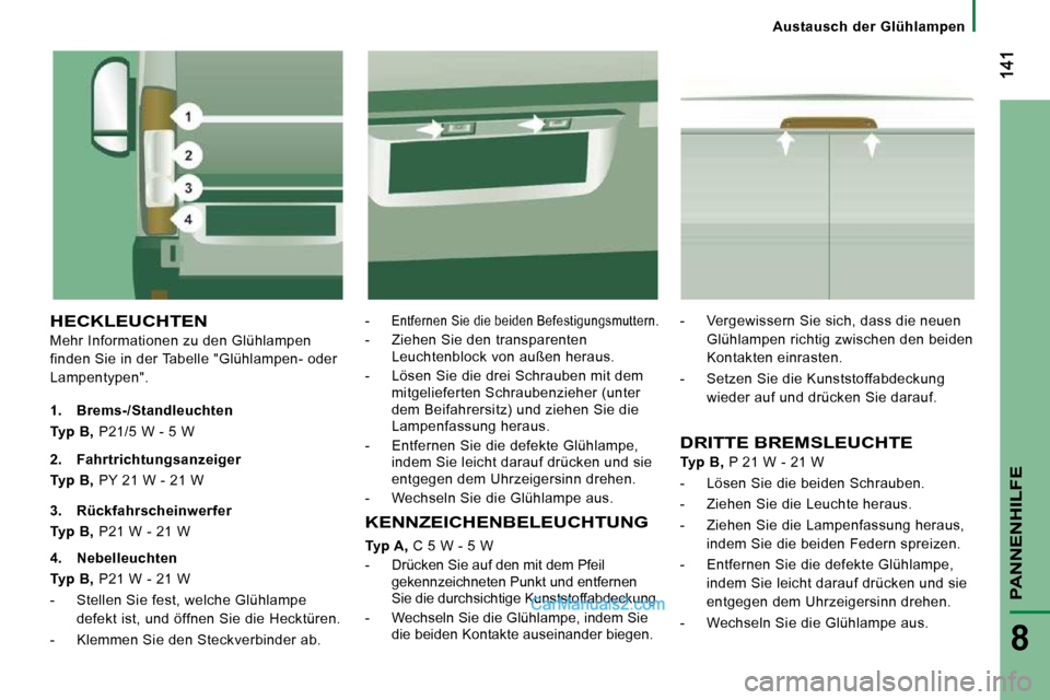 Peugeot Boxer 2010 Betriebsanleitung (in German) Austausch der Glühlampen
PANNENHILFE
8
HECKLEUCHTEN
Mehr Informationen zu den Glühlampen
finden Sie in der Tabelle "Glühlampen- oder
Lampentypen".
-Entfernen Sie die beiden Befestigu Peugeot Boxer 2010 Betriebsanleitung (in German) Austausch der Glühlampen
PANNENHILFE
8
HECKLEUCHTEN
Mehr Informationen zu den Glühlampen
finden Sie in der Tabelle "Glühlampen- oder
Lampentypen".
-Entfernen Sie die beiden Befestigu