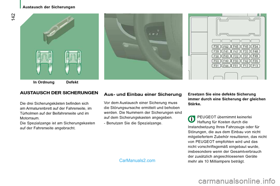 Peugeot Boxer 2010  Betriebsanleitung (in German)    Austausch  der  Sicherungen   
 142
� �D�i�e� �d�r�e�i� �S�i�c�h�e�r�u�n�g�s�k�ä�s�t�e�n� �b�e�ﬁ� �n�d�e�n� �s�i�c�h�  
am Armaturenbrett auf der Fahrerseite, im 
Türholmen auf der Beifahrersei