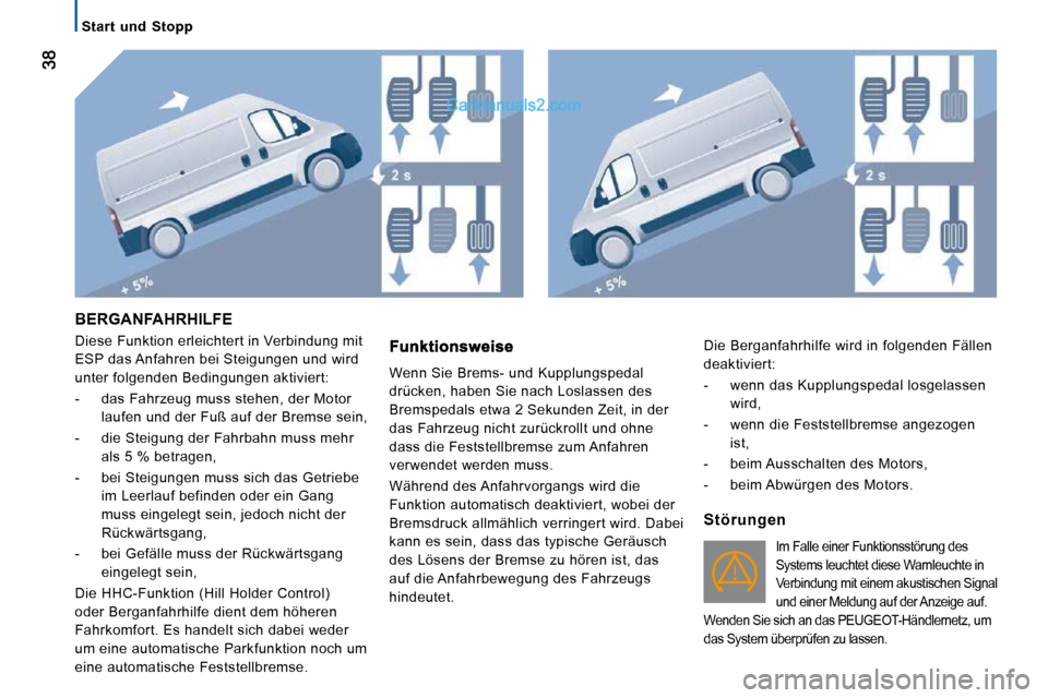 Peugeot Boxer 2010  Betriebsanleitung (in German)    Start  und  Stopp   
 BERGANFAHRHILFE 
 Diese Funktion erleichtert in Verbindung mit  
ESP das Anfahren bei Steigungen und wird 
unter folgenden Bedingungen aktiviert:  
   -   das Fahrzeug muss st