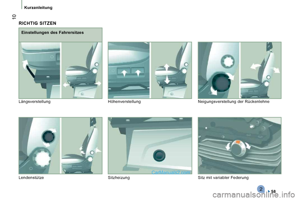 Peugeot Boxer 2010  Betriebsanleitung (in German) 2
 10
   Kurzanleitung   
 RICHTIG  SITZEN 
  
58     
  Einstellungen des Fahrersitzes 
 Längsverstellung   Höhenverstellung   Neigungsverste llung der Rückenlehne 
 Lendenstütze   Sitzheizung   