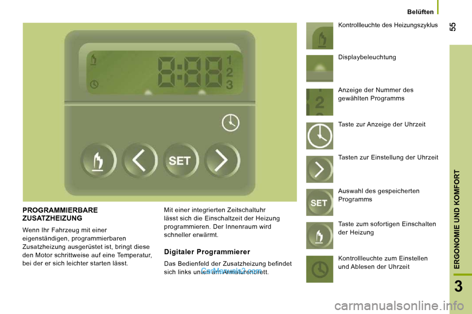 Peugeot Boxer 2010  Betriebsanleitung (in German) 3
ERGONOMIE UND KOMFORT
      Belüften      
 PROGRAMMIERBARE ZUSATZHEIZUNG 
 Wenn Ihr Fahrzeug mit einer  
eigenständigen, programmierbaren 
Zusatzheizung ausgerüstet ist, bringt diese 
den Motor 