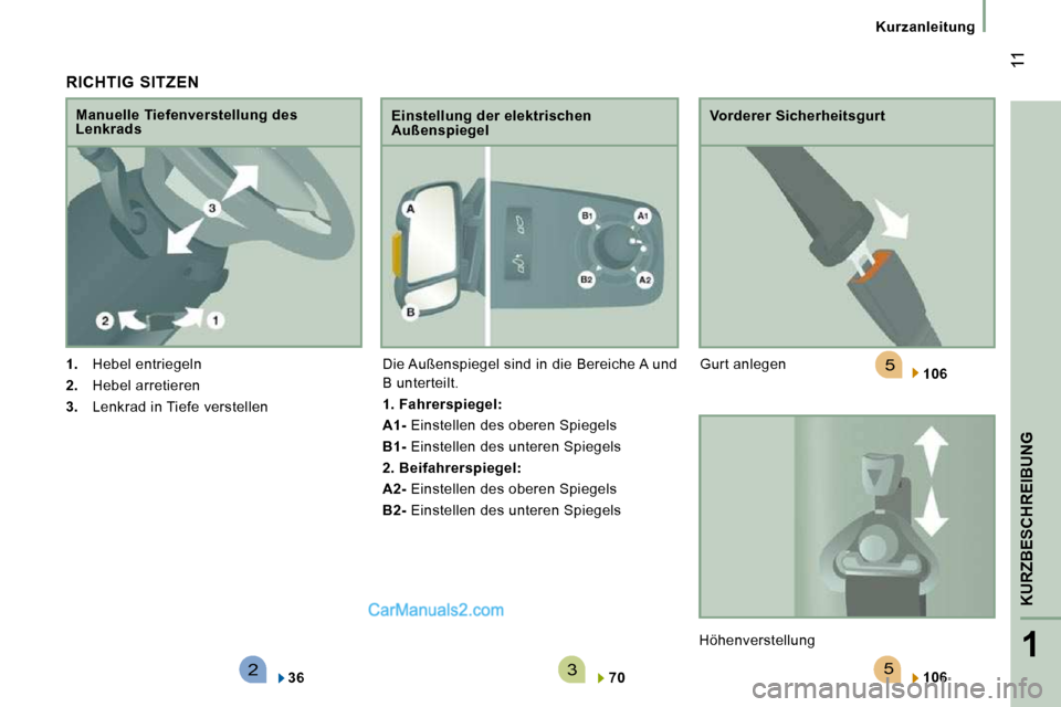 Peugeot Boxer 2010  Betriebsanleitung (in German) 523
5
1
KURZBESCHREIBUNG
 11
   Kurzanleitung   
  RICHTIG  SITZEN 
   
1.    Hebel entriegeln 
  
2.    Hebel arretieren 
  
3.    Lenkrad in Tiefe verstellen  
  Manuelle Tiefenverstellung des  
Len