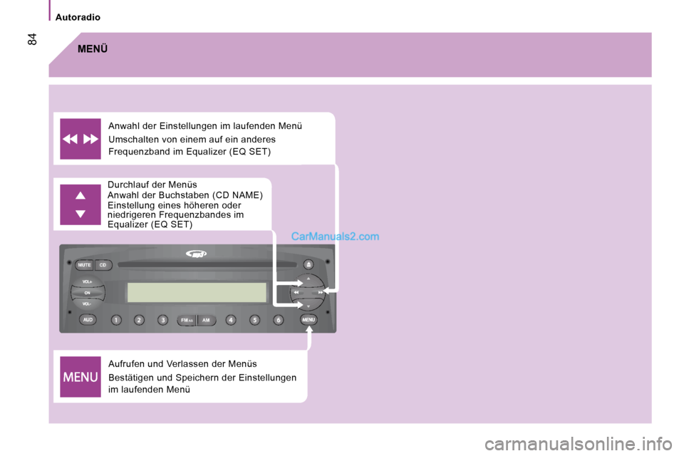 Peugeot Boxer 2010  Betriebsanleitung (in German) FM
MUTE CD
AM
AS
 84
   Autoradio   
 Aufrufen und Verlassen der Menüs  
 Bestätigen und Speichern der Einstellungen  
im laufenden Menü 
 Durchlauf der Menüs  
 Anwahl der Buchstaben (CD NAME) 
 