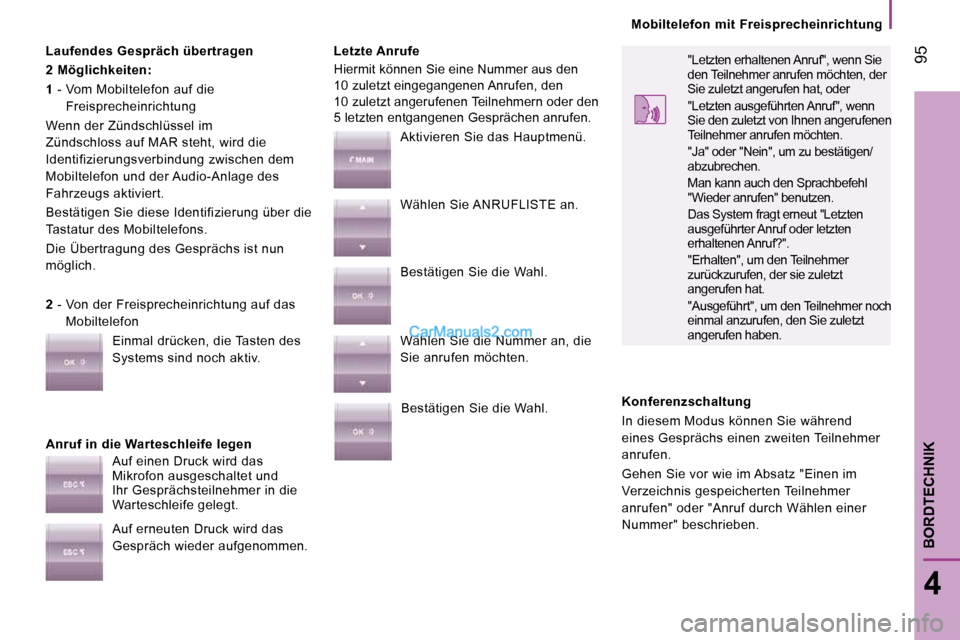 Peugeot Boxer 2010  Betriebsanleitung (in German)  95
4
BORDTECHNIK
  Mobiltelefon  mit  Freisprecheinrichtung  
  Laufendes Gespräch übertragen  
  
2 Möglichkeiten:   
  
1   -  Vom Mobiltelefon auf die 
Freisprecheinrichtung 
 Wenn der Zündsch