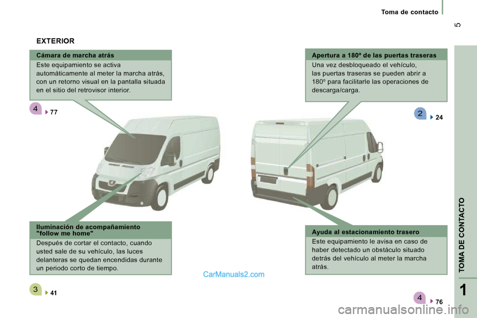 Peugeot Boxer 2010  Manual del propietario (in Spanish) 4
3
4
2
1
TOMA DE CONTACTO
 5
   Toma  de  contacto   
  Cámara de marcha atrás  
 Este equipamiento se activa  
automáticamente al meter la marcha atrás, 
con un retorno visual en la pantalla sit