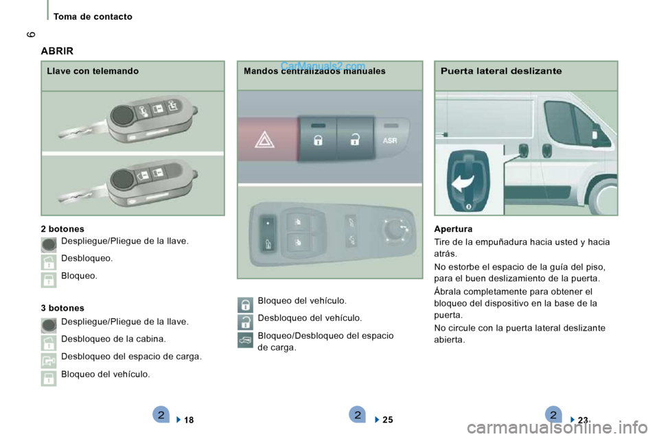 Peugeot Boxer 2010  Manual del propietario (in Spanish) 222
 6
Toma  de  contacto   
  Puerta lateral deslizante 
  
Apertura   
 Tire de la empuñadura hacia usted y hacia  
atrás.  
 No estorbe el espacio de la guía del piso,  
para el buen deslizamien