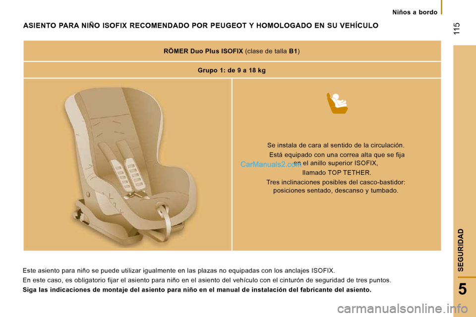 Peugeot Boxer 2010  Manual del propietario (in Spanish) Niños  a  bordo
 115
5
SEGURIDAD
ASIENTO  PARA  NIÑO  ISOFIX  RECOMENDADO  POR  PEUGEOT Y HOMOLOGADO  EN  SU  VEHÍCULO 
   
RÖMER Duo Plus ISOFIX   (clase de talla  B1 )  
   
Grupo 1: de 9 a 18 k