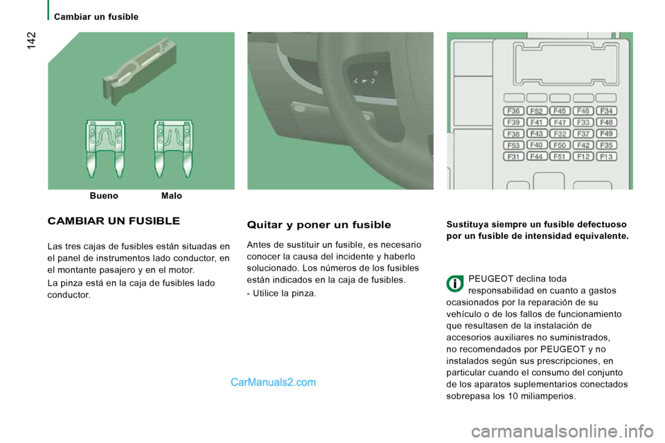 Peugeot Boxer 2010 Manual del propietario (in Spanish) Cambiar un fusible
142
Las tres cajas de fusibles están situadas en
el panel de instrumentos lado conductor, en
el montante pasajero y en el motor.
La pinza está en la caja de fusibl Peugeot Boxer 2010 Manual del propietario (in Spanish) Cambiar un fusible
142
Las tres cajas de fusibles están situadas en
el panel de instrumentos lado conductor, en
el montante pasajero y en el motor.
La pinza está en la caja de fusibl
