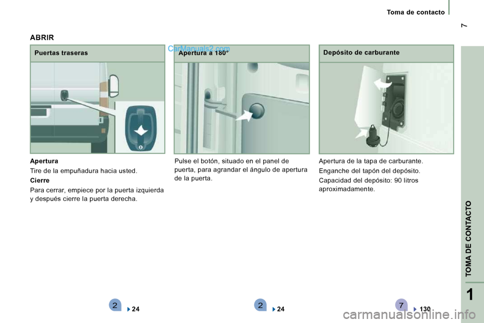 Peugeot Boxer 2010  Manual del propietario (in Spanish) 2271
TOMA DE CONTACTO
 7
   Toma  de  contacto   
  
Apertura   
 Tire de la empuñadura hacia usted.  
  
Cierre   
 Para cerrar, empiece por la puerta izquierda  
y después cierre la puerta derecha