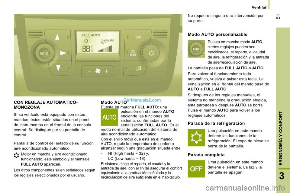 Peugeot Boxer 2010  Manual del propietario (in Spanish) 51
3
ERGONOMÍA Y CONFORT
      Ventilar      
 CON REGLAJE AUTOMÁTICO-MONOZONA 
 Si su vehículo está equipado con estos  
mandos, éstos están situados en el panel 
de instrumentos en el frontal 