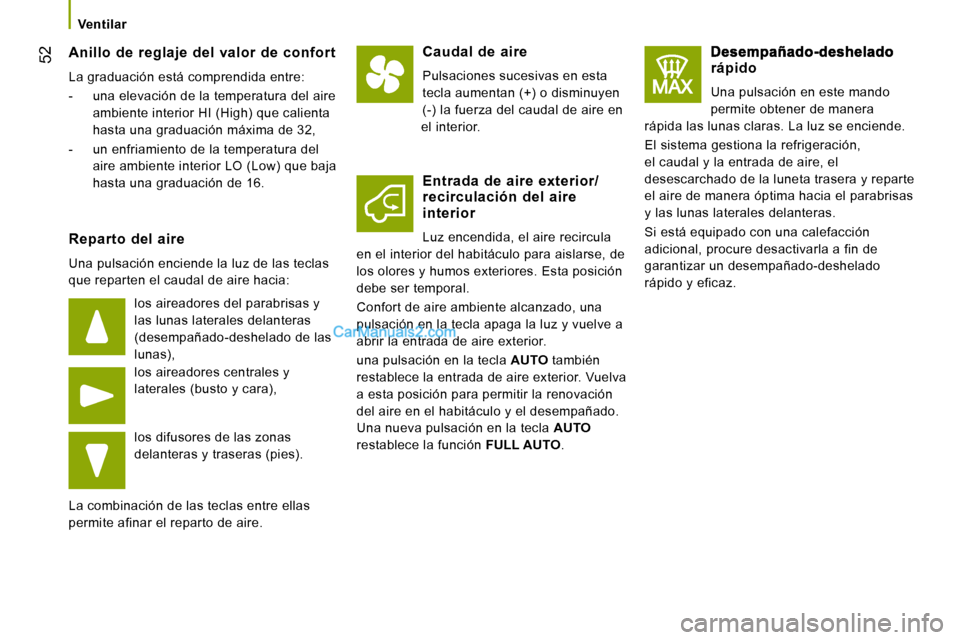 Peugeot Boxer 2010  Manual del propietario (in Spanish) 52
   Ventilar   
  Anillo  de  reglaje  del  valor  de  confort 
 La graduación está comprendida entre:  
   -   una elevación de la temperatura del aire ambiente interior HI (High) que calienta  