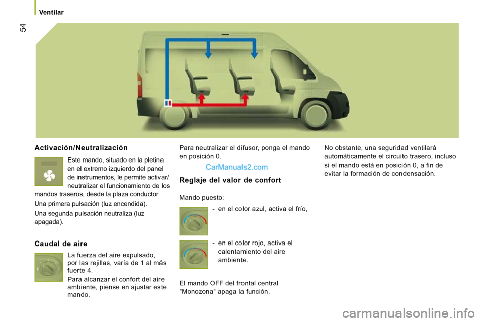 Peugeot Boxer 2010 Manual del propietario (in Spanish) 54
Ventilar
Activación/Neutralización
Este mando, situado en la pletina
en el extremo izquierdo del panel
de instrumentos, le permite activar/
neutralizar el funcionamiento de los
mand Peugeot Boxer 2010 Manual del propietario (in Spanish) 54
Ventilar
Activación/Neutralización
Este mando, situado en la pletina
en el extremo izquierdo del panel
de instrumentos, le permite activar/
neutralizar el funcionamiento de los
mand