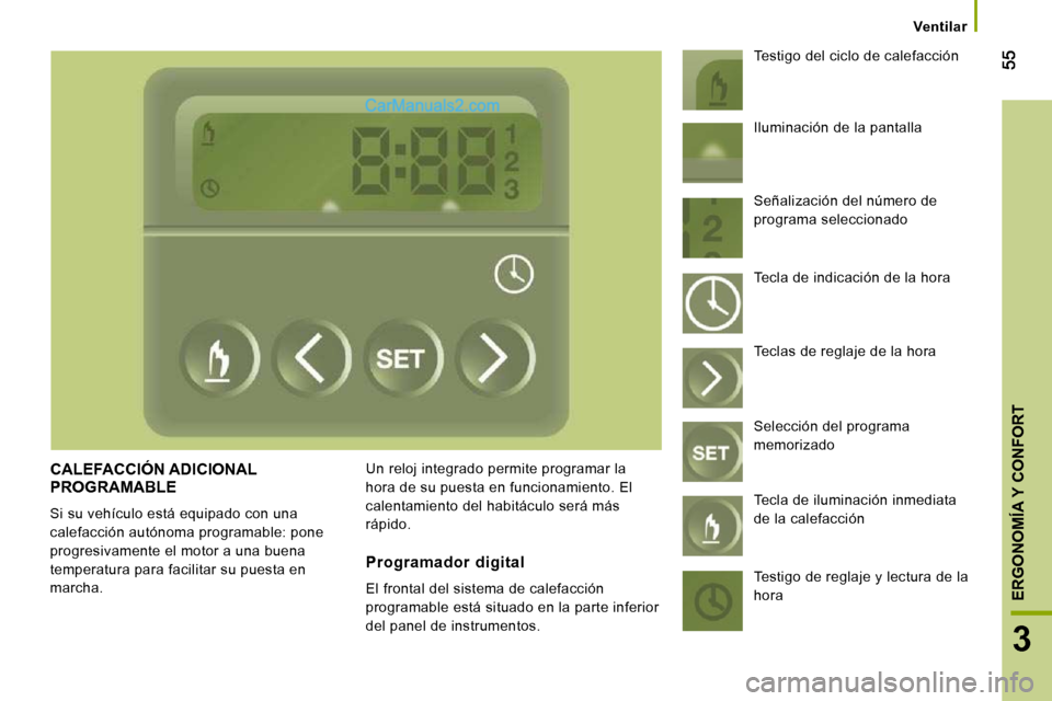 Peugeot Boxer 2010 Manual del propietario (in Spanish) 3
ERGONOMÍA Y CONFORT
Ventilar
CALEFACCIÓN ADICIONAL PROGRAMABLE
Si su vehículo está equipado con una
calefacción autónoma programable: pone
progresivamente el motor a una buen Peugeot Boxer 2010 Manual del propietario (in Spanish) 3
ERGONOMÍA Y CONFORT
Ventilar
CALEFACCIÓN ADICIONAL PROGRAMABLE
Si su vehículo está equipado con una
calefacción autónoma programable: pone
progresivamente el motor a una buen