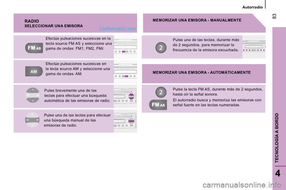 Peugeot Boxer 2010  Manual del propietario (in Spanish) AM
FMAMMAS
FMAMAS
FM
CCD
AAMAS
 83
4
TECNOLOGÍA A BORDO
   Autorradio   
  RADIO   SELECCIONAR UNA EMISORA  Efectúe pulsaciones sucesivas en la  
tecla source FM AS y seleccione una 
gama de ondas: 