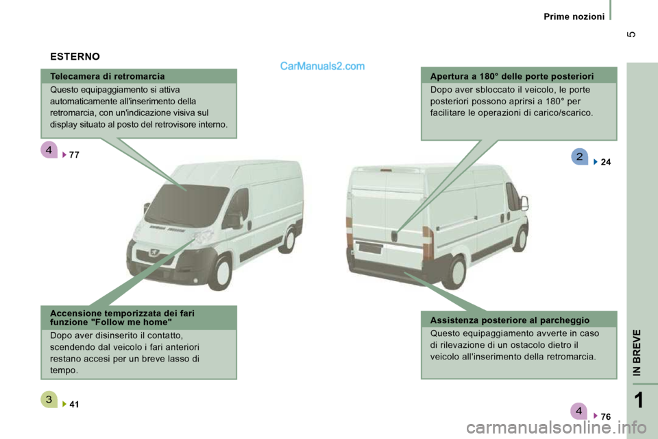 Peugeot Boxer 2010  Manuale del proprietario (in Italian) 4
3
4
2
1
IN BREVE
 5
   Prime  nozioni   
  Telecamera di retromarcia  
 Questo equipaggiamento si attiva  
automaticamente allinserimento della 
retromarcia, con unindicazione visiva sul 
display 